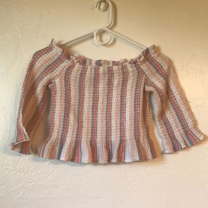 American Eagle cropped top, pastel colors blue, peach, and white, size small